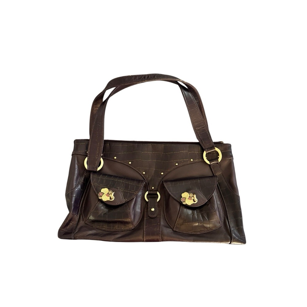Countess Dark Purple Croc Embossed Leather Shoulder Bag Gold Hardware Studded